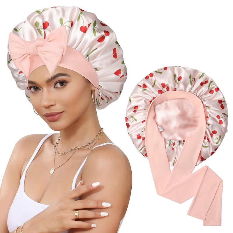 CHLINS Satin Bonnet Silk Bonnet for Sleeping Silk Sleep Cap Double Layer Hair Bonnet with Elastic Tie Band for Curly Hair Night Cap - Image 1